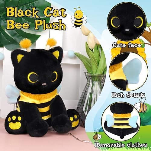 Hagusahuo Cat Plush Toy, 8inch Kawaii Black Cat Plush with Honeybee Outfit Costume, Valentines Day Gift for Her Him, Soft Huggable Plushies Toy for Kids Birthday Gifts thumbnail 5