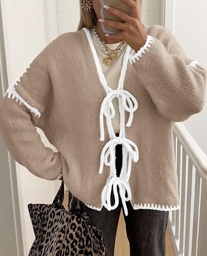 Women's Tie Front Bow Cardigan Sweaters Chunky Knit Long Puff Sleeve Trendy Fall Winter Jacket Coats thumbnail 6