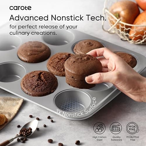 CAROTE 7-Piece Nonstick Stackable Baking Pans Set - Bakeware Sets Including Cookie Sheets for Baking, Muffin Pan, Bread Pan, Cake pan, Loaf Pan, Roasting Pan, Gray & Blue thumbnail 4