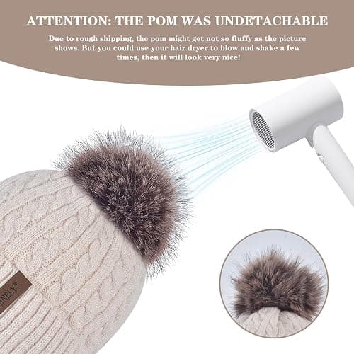 FENELY Women's Knitted Warm Beanie Winter Hat, Warm Chunky Snow Hat with Pompom thumbnail 5