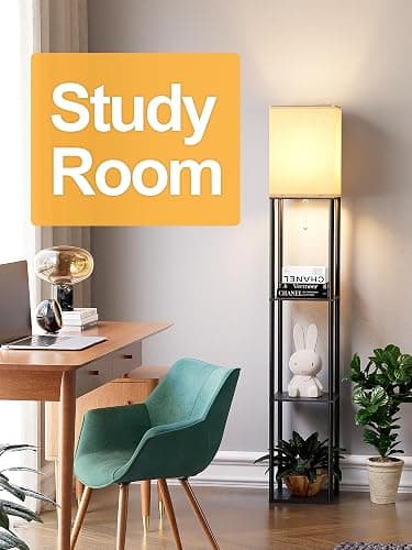 Floor Lamp with Shelves for Living Room, Shelf Floor Lamp with 3 CCT LED Bulb, Corner Display Standing Column Lamp Etagere Organizer Tower Nightstand with White Linen Shade for Bedroom, Office thumbnail 7