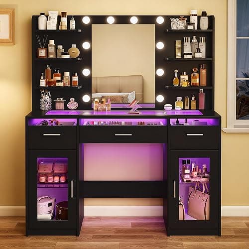 HUAHUU Vanity Desk, Makeup Vanity Desk with Mirror and Lights 3 Colors, Transparent Top with 3 RGB Drawers, 6 Shelves, 2 Large Tempered Cabinets, Power Outlet, for Bedroom, Black thumbnail 6
