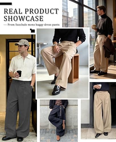 Susclude Mens Baggy Wide Leg Pants Pleated A Line Slacks Loose Casual Dress Pants Old Money Oversized Y2K Stylish Trousers thumbnail 4