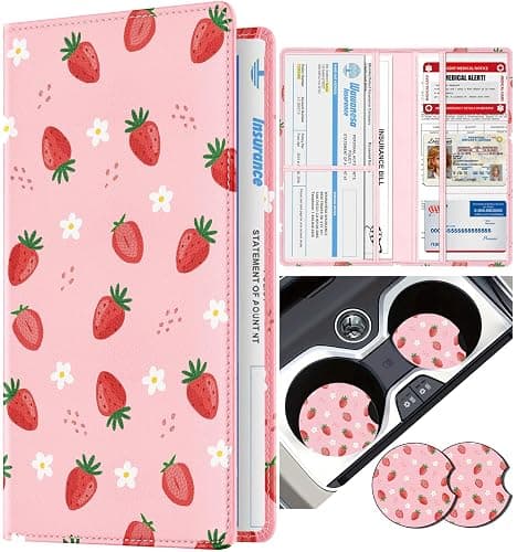 Slohif Car Registration and Insurance Card Holder with Magnetic Shut - Vehicle Glove Box Organizer Women Leather Automobile License Holders Coasters Auto Accessories Case for Document,Strawberry - Image 1
