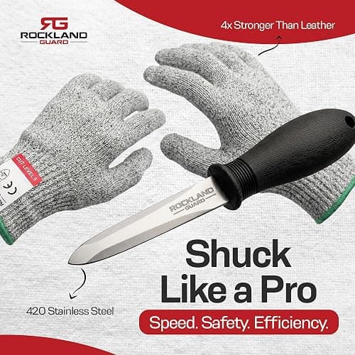 Rockland Guard Professional Oyster Shucking Kit - 3.5” Heavy Duty Stainless Steel Oyster Shucking Knife and Level 5 Cut Resistant Gloves, Clam Opener Shucker and Seafood Tool Gift Set, Medium thumbnail 2