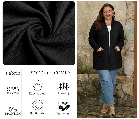 OLRIK Plus Size Lightweight Cardigan For Women 2025 With Pockets Long Sleeve Casual Jacket Open Front Cover Ups thumbnail 3