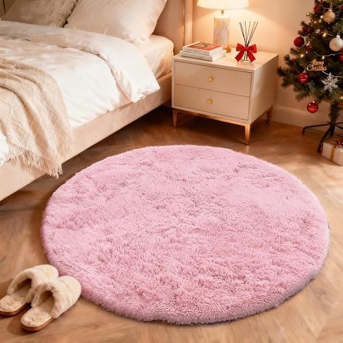 OLANLY Pink Round Rugs for Bedroom - Machine Washable, 4 ft Circle Area Rugs for Living Room, Soft and Fluffy Shaggy Carpet for Teen Girls and Boys, Nursery Rooms, Dorms, Home Decor Aesthetic thumbnail 3