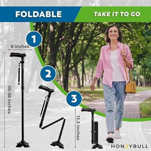 HONEYBULL Walking Cane for Men & Women, Foldable Free Standing Cane | Adjustable Height, Collapsible Design, Heavy-Duty, Pivot Base for Stable Support, Ergonomic Handle thumbnail 7