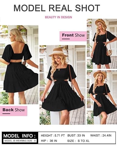 Wimsihal Women's Summer Dresses Square Neck Casual Short Sleeves Elastic Waist Party Mini Dress thumbnail 5