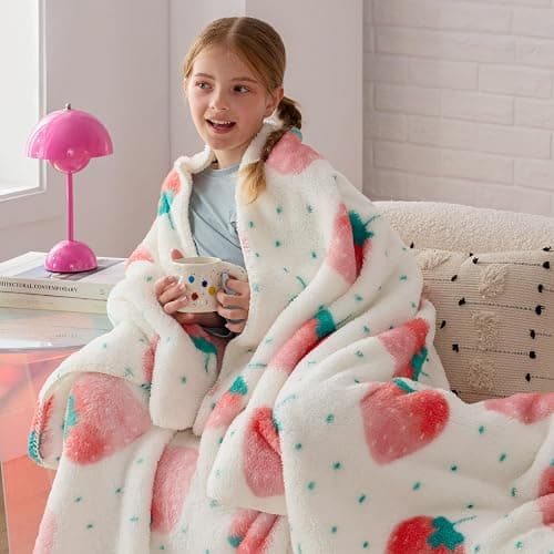 Bedsure Cute Strawberry Decor Throw Blanket Pink for Kids - Soft Fleece Throw Home Decor for Girls Women Teens as Birthday, GentleSoft Cozy Fruit Pattern Blankets for Couch Bed, 50x60 thumbnail 8