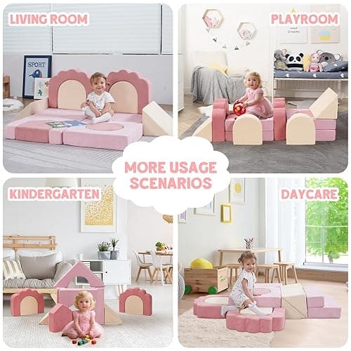 MOOZHEALTH 13 Pieces Foam Climbing Blocks for Toddlers 1-3|Floral Baby Soft Play Gym,Kids Indoor Crawing Climbers & Play Structures for Bedroom,Livingroom & Playroom,Pink & Beige - Pink+beige thumbnail 5