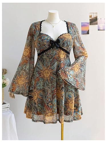 BEAUDRM Women's Y2k Plus Size Hippie Vintage Boho Dress Leopard Bell Long Sleeve V Neck Bow Mesh Fall Mini Dresses thumbnail 3