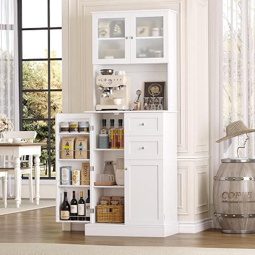 BOTLOG 72" Tall Kitchen Pantry Storage Cabinet with 4-Tier Door Shelves | Kitchen Hutch Cabinet with 2 Drawers, Frosted Glass Door for Dining Room, Modern White, Space-saving, apartment, small room thumbnail 7