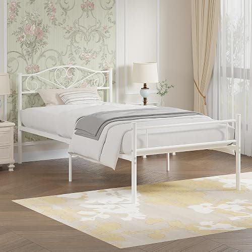 VECELO 14 Inch Twin Size Metal Platform Bed Frame with Headboard and Footboard, Heavy Duty Mattress Foundation with Steel Slats Support, No Box Spring Needed, White - White - Twin - Basic Bed Frame thumbnail 3