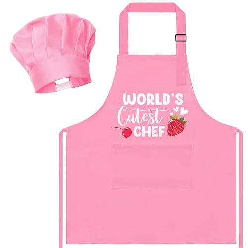 R HORSE Kid Apron and Chef Hat Set 2Pcs Adjustable Pink Children Kitchen Apron, Waterproof Dress up Role Play Chef Toy Funny Cooking Baking Painting and Training Kits for Kids Birthday Party Gift - Image 1
