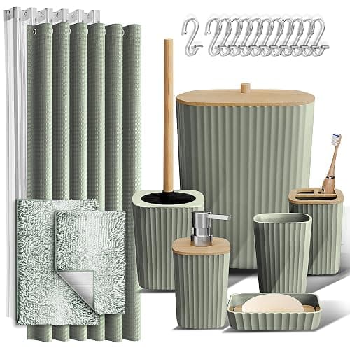 Clara Clark Bathroom Accessories Set - Bathroom Set, Bathroom Sets with Shower Curtain and Rugs, Shower Curtain Set with Trah Can - Ombre Sage Green - 22PC - Image 1
