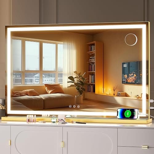 Hasipu Vanity Mirror with Lights, 32" x 20" LED Makeup Mirror, Lighted Makeup Mirror with Dimmable 3 Modes, Touch Screen Control Vanity Mirror Square Gold - Image 1
