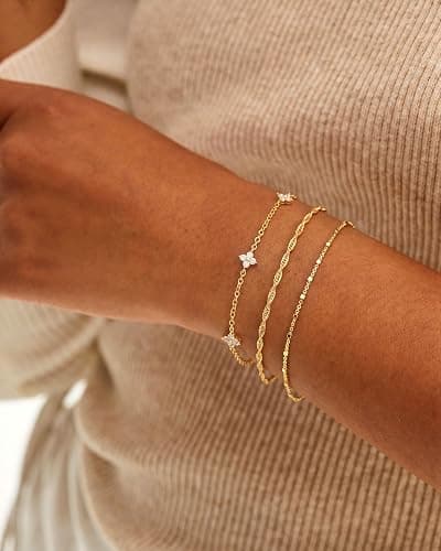 HABIKIP 14K Gold Plated Bracelet for Women, Stackable Link Bracelet Set | Adjustable Minimalist Bracelet with Cubic Zirconia, Dainty Layered Waterproof Jewelry, Trendy Gifts thumbnail 5
