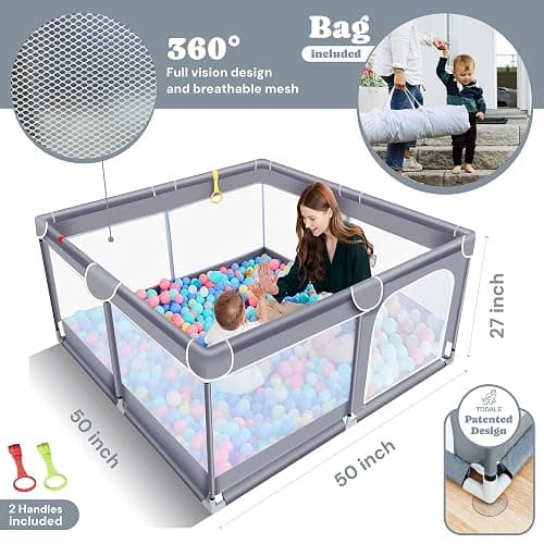 Todale Baby Playpen - 50 x 50 x 27 in Grey Pack of 1 - Effortless Setup & Travel Crib for Baby - Ventilated Panels & Play Pen for Babies 6-12 Months - Foldable Play Pen for Toddlers 1-3 thumbnail 2