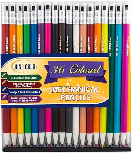 June Gold 36 Colored 2.0 mm Mechanical Pencils with 36 Unique Color Leads | Color Name is Printed on Each Pencil Barrel, Built in Rear Sharpener thumbnail 6