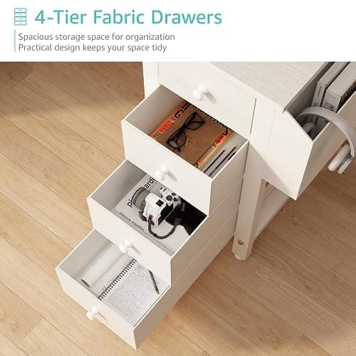 Lufeiya White L Shaped Computer Desk with Drawers & Storage Shelves, 47 Inch Corner Reversible Desk with Power Outlet for Home Office Bedroom, L-Shaped Teen PC Desks with Fabric Drawer, White thumbnail 5