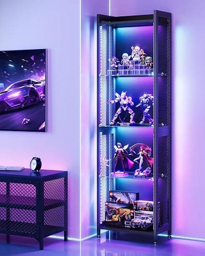 AODK Display Case with LED Lights, Display Cabinet with Open Glass Shelves for Small Space, 4-Tier Corner Display Shelf with Industrial Mesh, Curio Cabinet for Collectibles, Bookcase thumbnail 9
