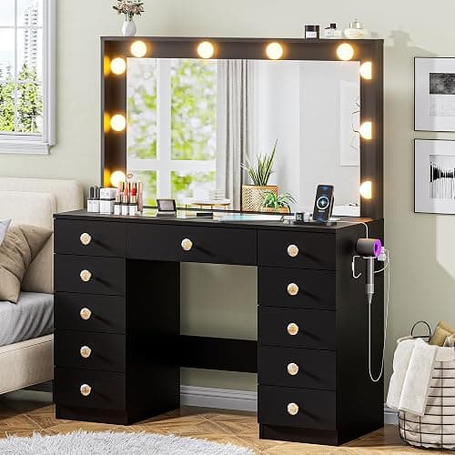 DINGIPP 43.3" Vanity with Large Mirror and 10 LED Lights, Vanity Desk with Glasstop, 11 Drawers with Crystal Handles, Dressing Table with Power Outlet as Gift for Women, Girls (Black) thumbnail 9