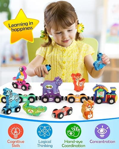 Vanmor Wooden Train Set for Toddlers, Magnetic Animal Number Train Toys for Ages3-5, Toddler Learning Toys, Fine Motor Skills Educational Toys, Preschool Activities, Toddler Boy Girl Gifts thumbnail 3
