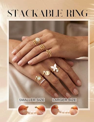 FIBO STEEL Fidget Anxiety Rings for Women - 8Pcs 14K Gold Plated Spinner Adjustable Rings Stress Relief Open Ring Stacks CZ Sun flower Butterfly Bead Evil Eye Non Tarnish Ring Set thumbnail 6