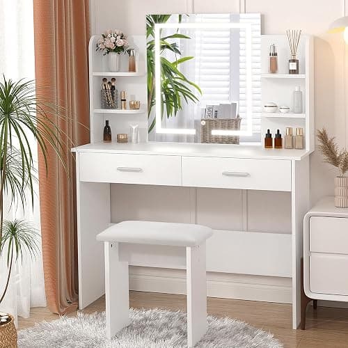SMOOL Vanity Desk with Lighted Mirror - Makeup Vanity Table with 3 Color Light Options Adjustable Brightness, Vanity with 6 Storage Shelves, 2 Large Drawers, Vanity Set for Girls Women, White - Image 1