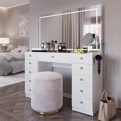 Boahaus Amelia Large Makeup Vanity Desk with Dimmable LED, 2 Bluetooth Speakers, USB Type C & Type A, 110 V Power Outlet, 11 Drawers, Crystal Knobs, Premium White thumbnail 5