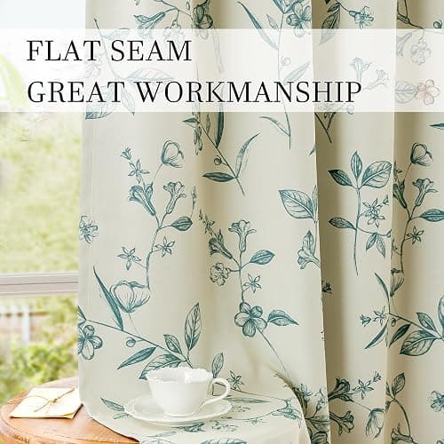 ChrisDowa Beige 100% Blackout Floral Curtains 84 Inches Long 2 Panels for Bedroom Living Room Teal Flower Patterned Room Darkening Thermal Insulated Soundproof Grommet Window Treatments Drapes,52X84 thumbnail 6