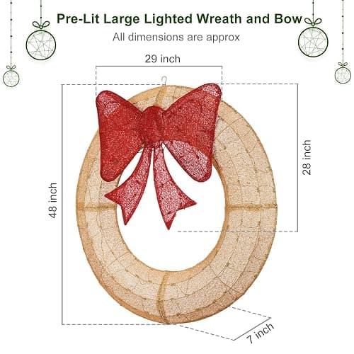 Lighted Christmas Wreaths, 48’’ Handmade Classic Christmas Wreaths with 50 Red and 120 Warm White LED Lights for The Outdoor Christmas Decoration-Golden - Golden thumbnail 2