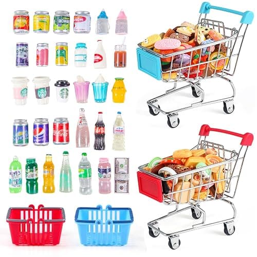 134pcs Mini Shopping Cart Basket Miniature Food Drink Bottle Supermarket Metal Handcart Toys Doll House Store Cosplay Game Dollhouse Grocery Fruit Cake Bread Party Trolley Model Dollar Bills - Image 1