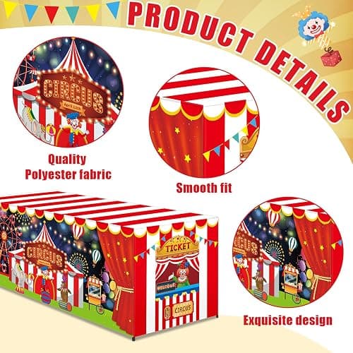 6 FT Carnival Party Table Cover for Kids Circus Tablecloth Carnival Washable Fabric Polyester Rectangle Table Cover Decor Circus Activity Gift for Night Halloween Birthday Movie Party Supply thumbnail 3