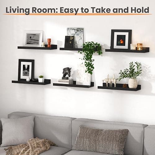 upsimples Floating Shelves for Wall, Wall Shelves for Decor Storage Set of 6, Wall Mounted Wood Shelf for Bedroom, Living Room, Bathroom, Kitchen, Picture Ledge Shelf, Black thumbnail 6