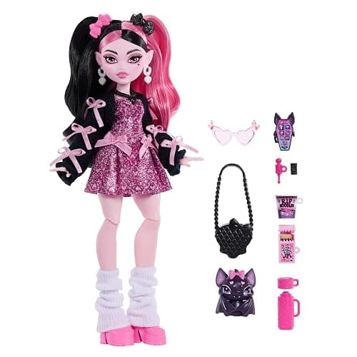 Monster High Doll, Draculaura in Pink Bow Dress and Black Cardigan with Pet Bat Count Fabulous and 7 Accessories Like Ramen, Lipstick and Purse thumbnail 4