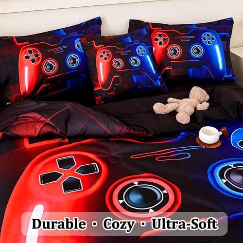ASKOTU 6 Pcs Full Boys Bedding Set, Red Blue Gamer Comforter Set for Boys with Sheets, Microfiber Geometric Gamer Full Size Bedding Set for Boys - Red-blue - Full-6pcs thumbnail 9