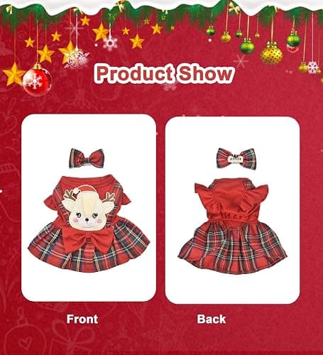 FLAdorepet Reindeer Dog Christmas Dress with Hair Bow,Pet Cat Antler Costume Holiday Outfits,Classic Red Plaid Puppy Skirt Dresses Clothes for Small Medium Dogs Girl,L thumbnail 6