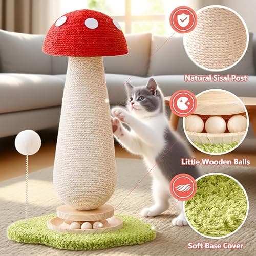 WLHYHHCute Mushroom Shaped Cat Scratching Post - Cat Toy with Ball Lane and Spring-Loaded Pom Poms - 21.25 Inch Tall Sisal Cat Scratching Post for Indoor Cats thumbnail 3