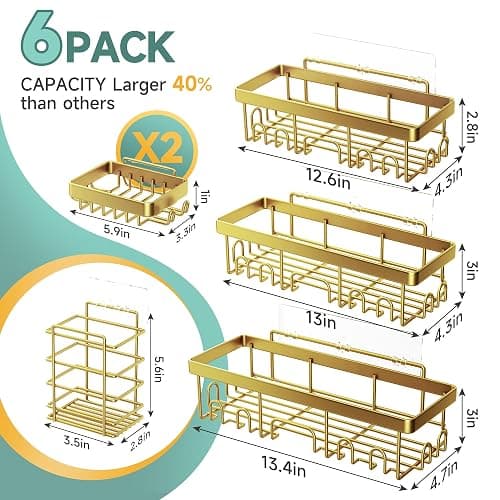 Veken Adhesive Shower Caddy 6-Pack,Gifts for Women Mom,Heavy Weight Bearing,Large Wall Mounted Bathroom Shelves Rack,Organizer Storage Accessories with Soap Dish&Toothbrush Holder,Bright Gold thumbnail 2
