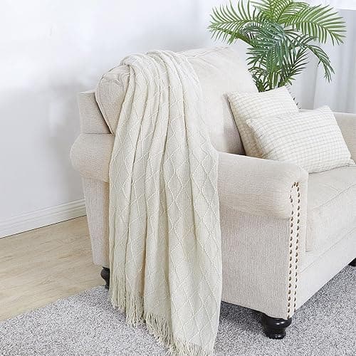 BOURINA Beige Throw Blanket 50x60 Inch Boho Knitted Soft Throw Sofa Blanket | Knitted Throw Blanket 50x60 Inches, Soft Lightweight Boho Weave Throw Decorative Couch Blanket for Living Room Bedroom Chair thumbnail 2