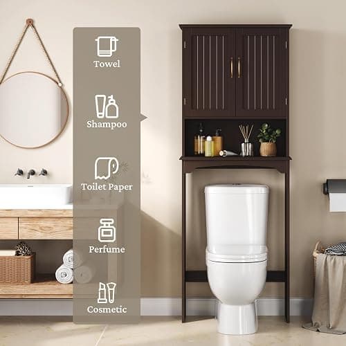 Yaheetech Over The Toilet Storage with 2 Doors & Adjustable Shelf, Free Standing Toilet Rack Wooden Space-saving Collect Cabinet, Bathroom Furniture, 9Dx24.5Wx66H Inches, Espresso thumbnail 6