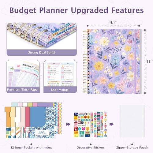 Ospelelf Budget Planner Undated, Money Expense Tracker with Pocket & Stickers, Thick Cardboard Cover, Large Pages for Spacious Writing, Original Fun Colorful Design, 12 Month Financial Notebook, Purple Floral thumbnail 3
