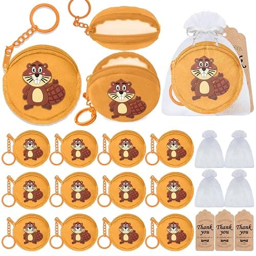 Elecrainbow 36 Pack Beaver Change Purses Set Include 12 Wallets with Keyring, 12 Thank You Tags and 12 Organza Bags for Safari, Jungle,Wild Birthday, Castor Decoration,Khaki - Image 1
