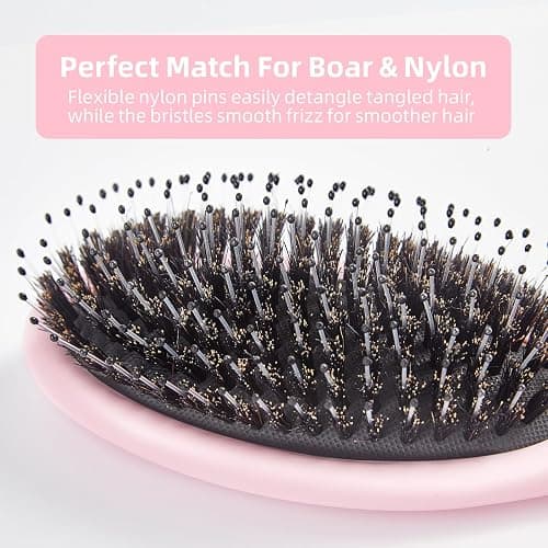Jurrissa Boar Bristles Hair Brush for Women and Men, Detangling Hair Brush for Smoothing Massage Add Shine, Nylon&Boar Bristles Detangler brush for Hair Healthy (1 Pack-Pink) thumbnail 2
