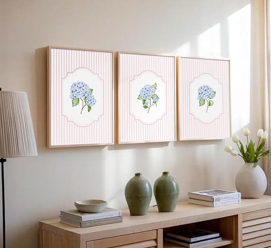 Blue Hydrangea Wall Art Pink Striped Rustic Farmhouse Floral Pictures Wall Decor Cottagecore Botanical Posters Vintage Grandmillenial Flower Painting Print Artwork for Girls Room Dorm, Unframed thumbnail 3