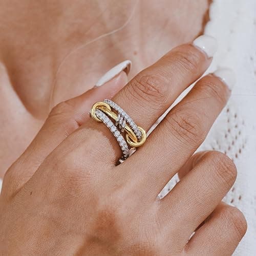 AllenCOCO 14K Gold Plated Stackable Rings, 3 Ring Set with CZ Cubic Zirconia, Gold & Silver Stacked, Interlocking Band for Women Statement thumbnail 5