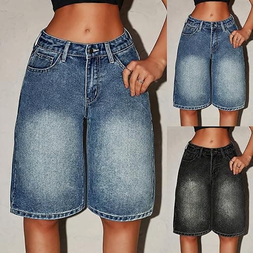 Bermuda Shorts for Girls Stretchy High Waisted Denim Shorts Baggy Y2k Knee Length Casual Long Summer Shorts 12-16Years thumbnail 5