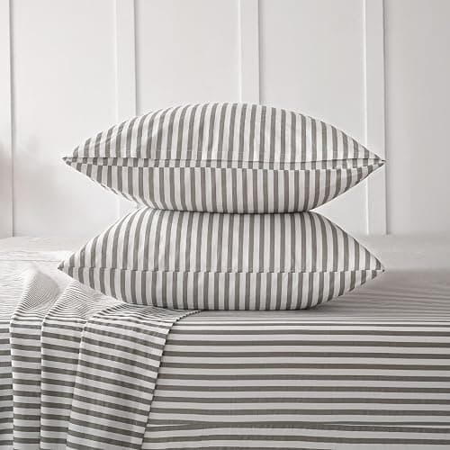 JELLYMONI 100% Cotton Bed Sheets Set – Grey and White Stripes, King Size, Soft Bedding with Deep Pocket Fitted Sheet, Flat Sheet & Pillowcases thumbnail 4